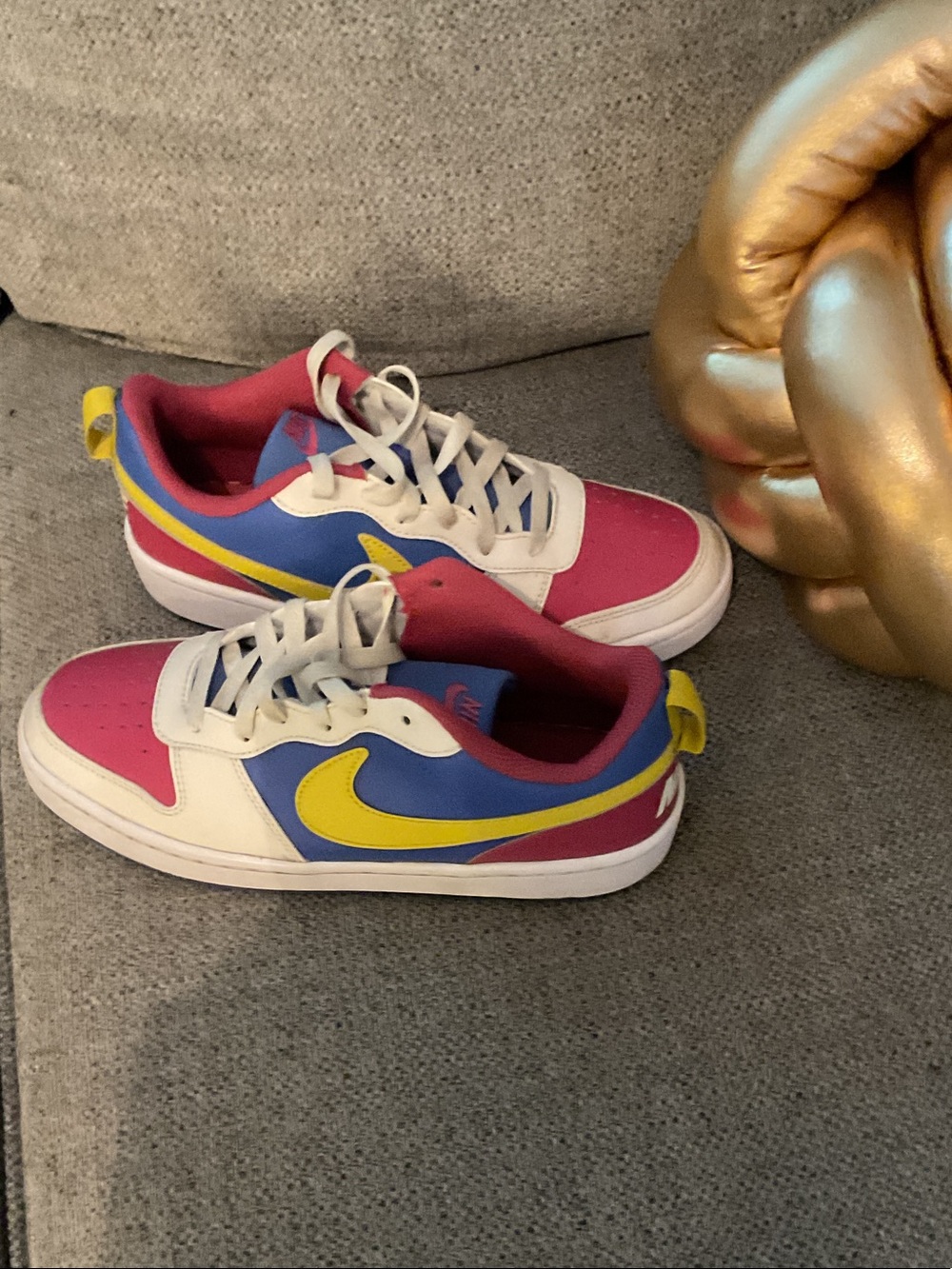 Nike Kids Pink, Blue & White Low-Top Sneakers with Yellow Swoosh - Picture 3 of 5